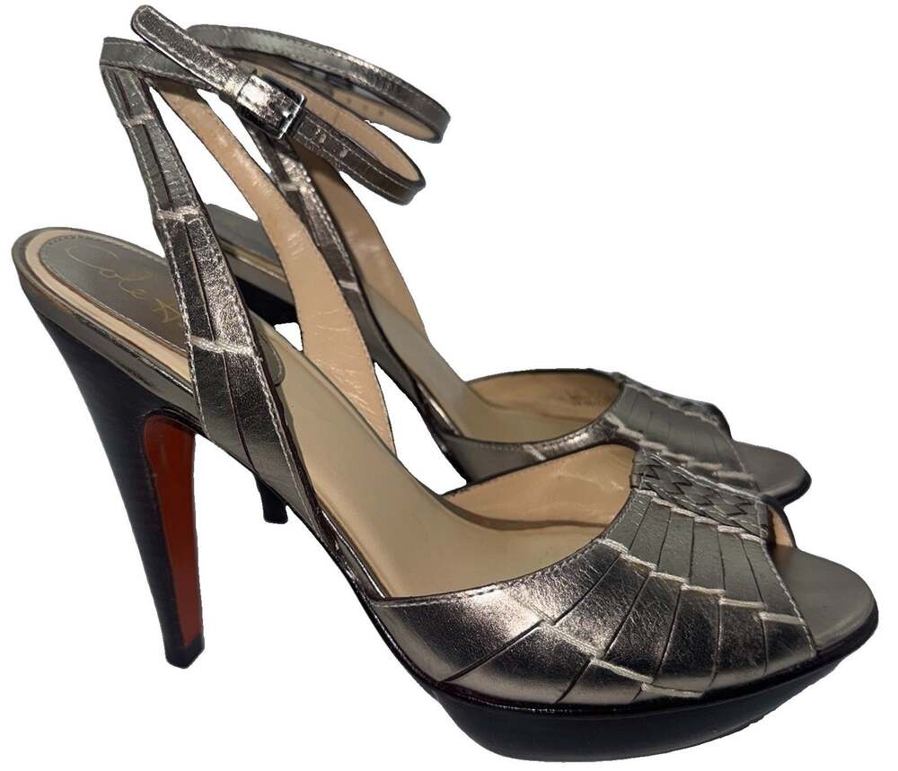 Cole Haan Womens 7.5B Metallic Pewter Leather Peep Toe Slingback Heels